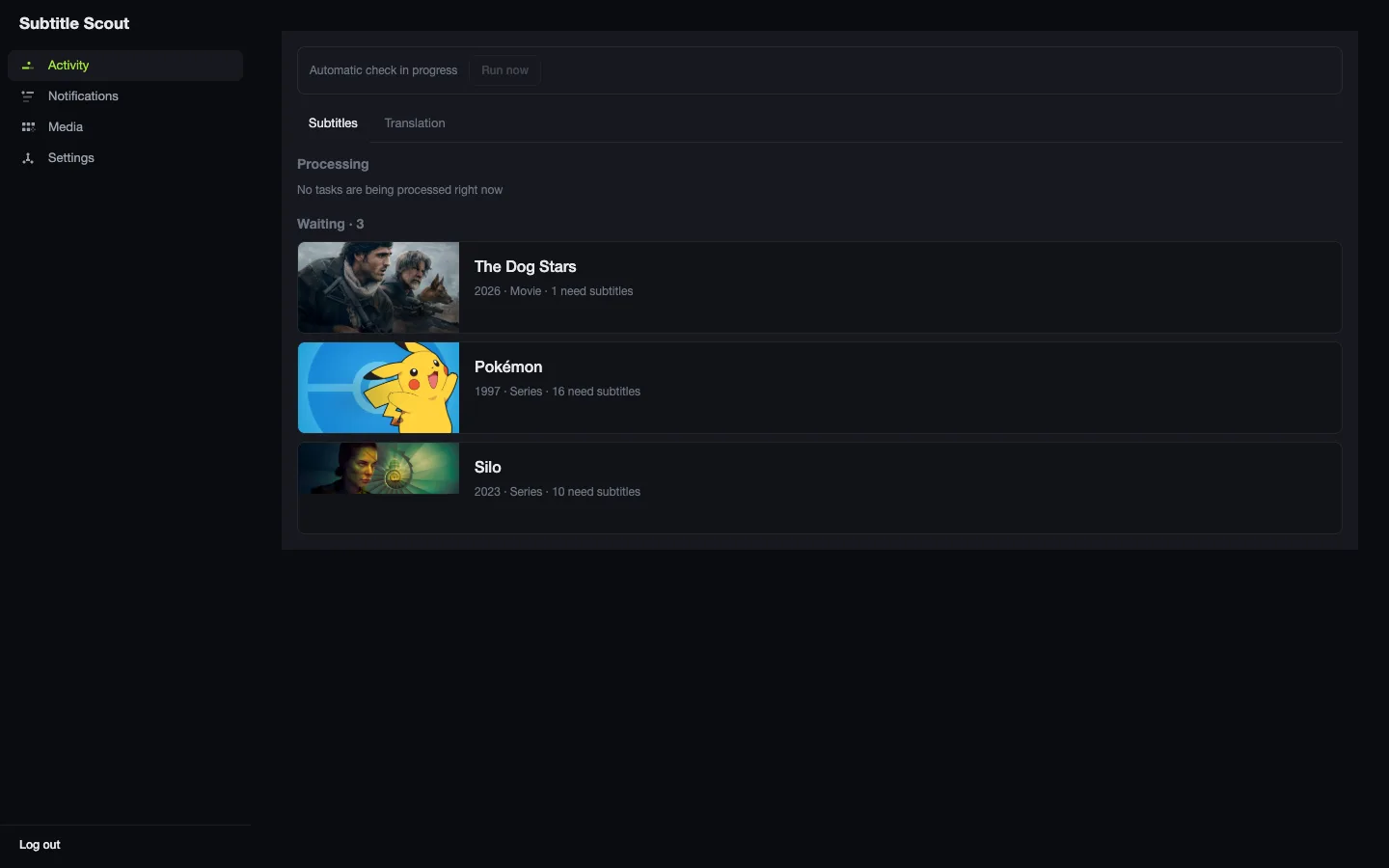 Subtitle Scout activity page: automatic check status, subtitle and translation tabs, and a queue of titles waiting for subtitles